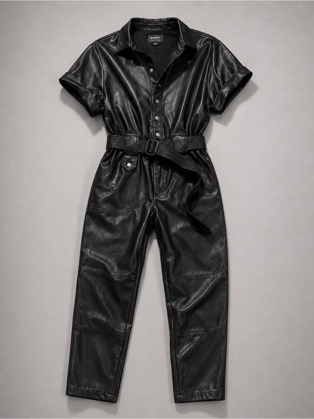 Bardot Black Belted Vegan Leather Short Sleeve Utility Jumpsuit – Size Small